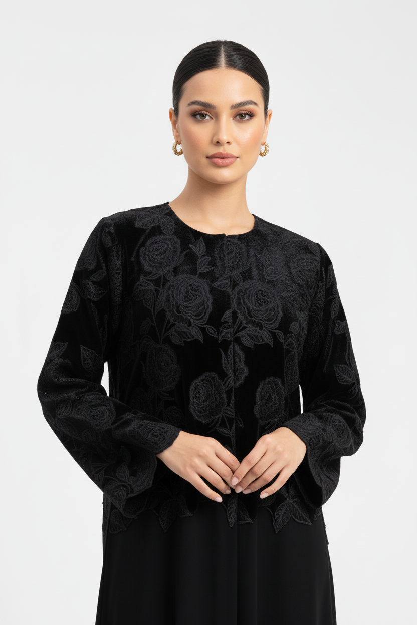 C 1978 Black Velvet Rose Dantel Abaya