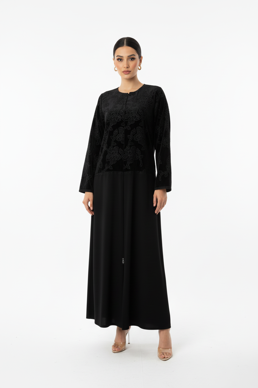C 1979 Black Velvet Floral Dantel Abaya