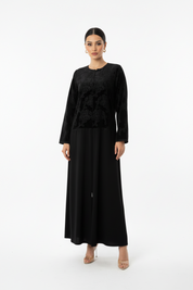 C 1979 Black Velvet Floral Dantel Abaya