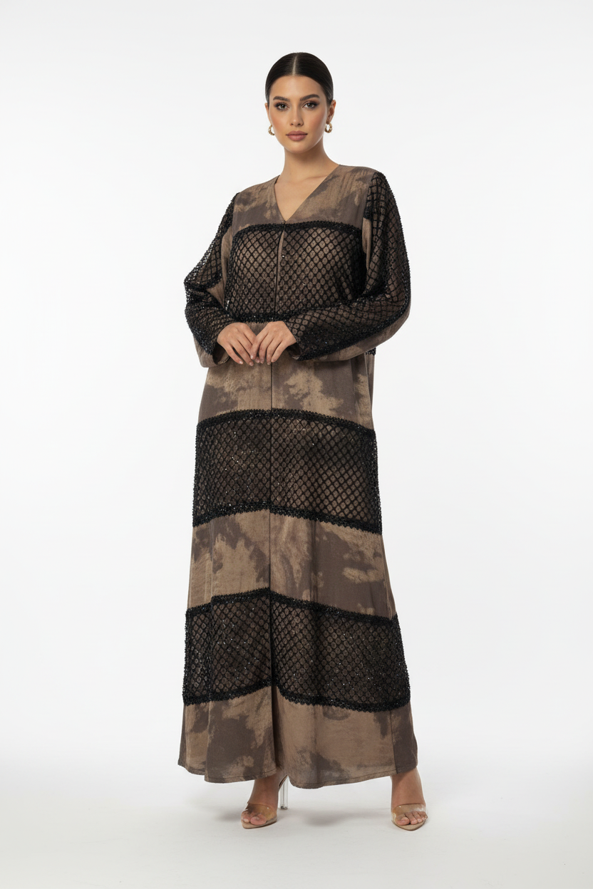C 1995 Brown Beaded Lace Abaya
