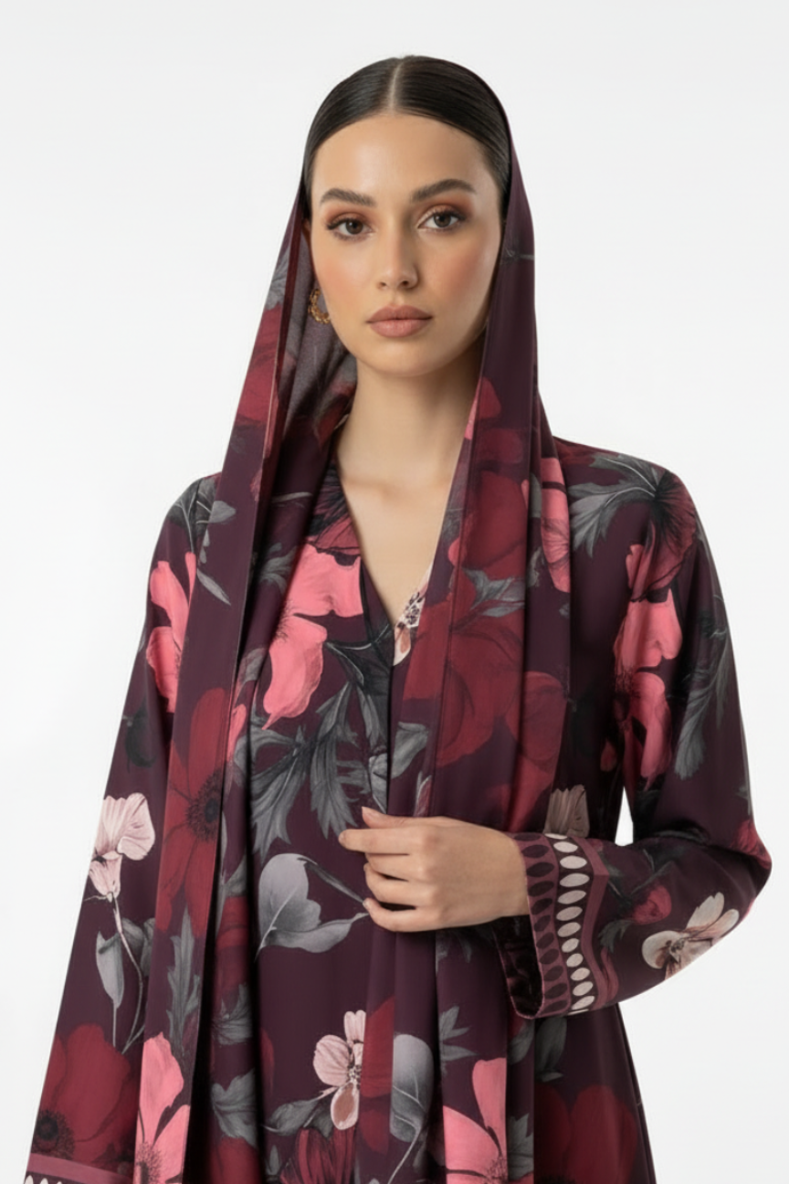 C 2009 Burgundy Floral Printed Abaya