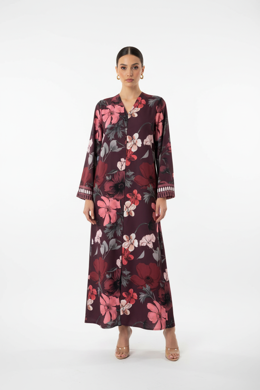 C 2009 Burgundy Floral Printed Abaya