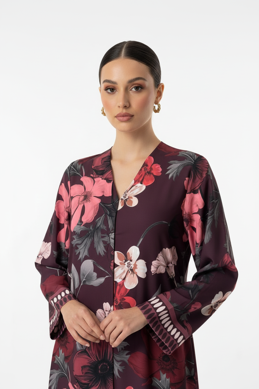 C 2009 Burgundy Floral Printed Abaya