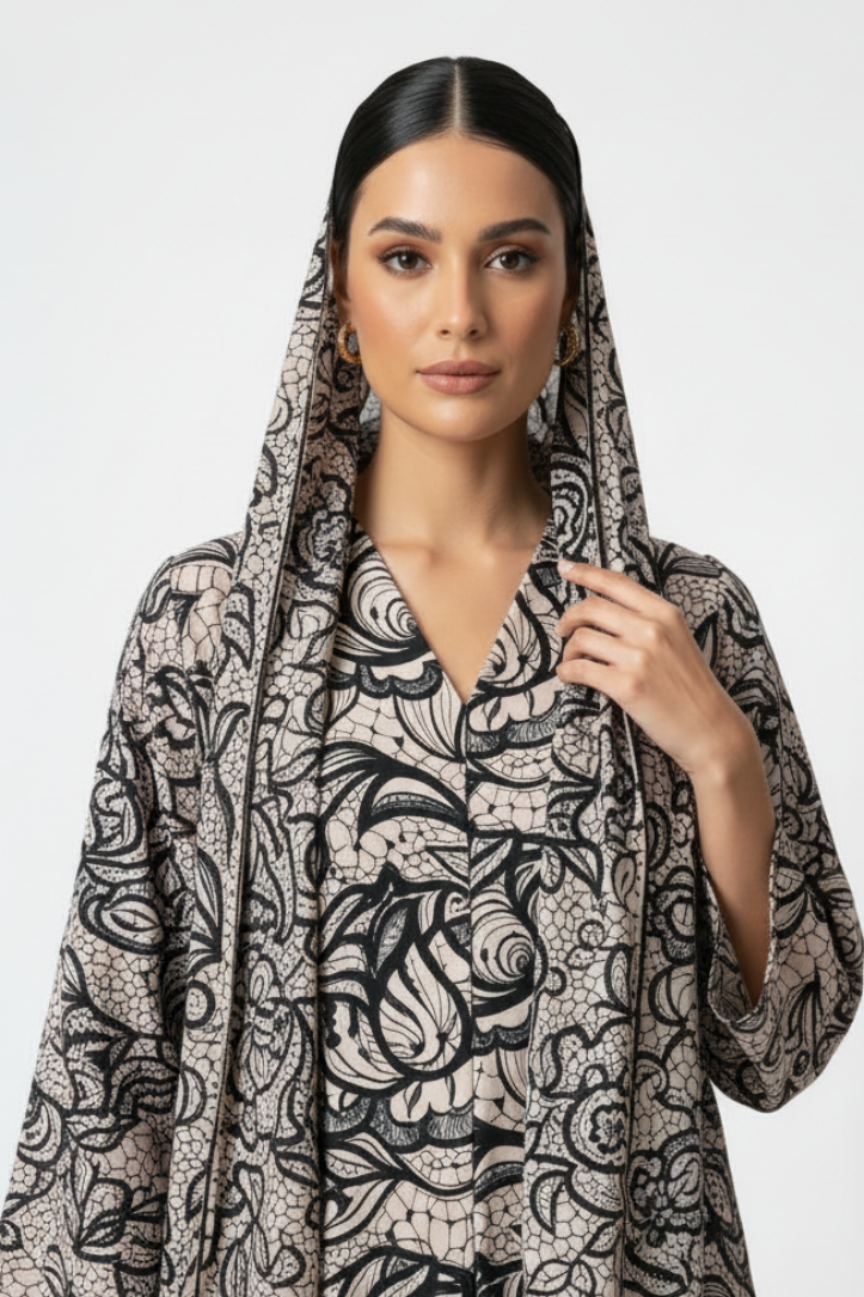C 2011 Black Beige Printed Abaya