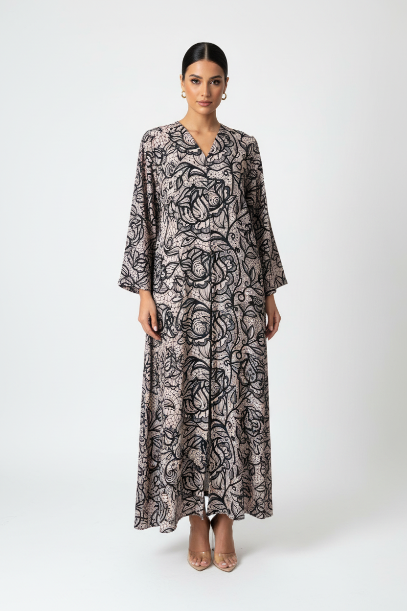 C 2011 Black Beige Printed Abaya