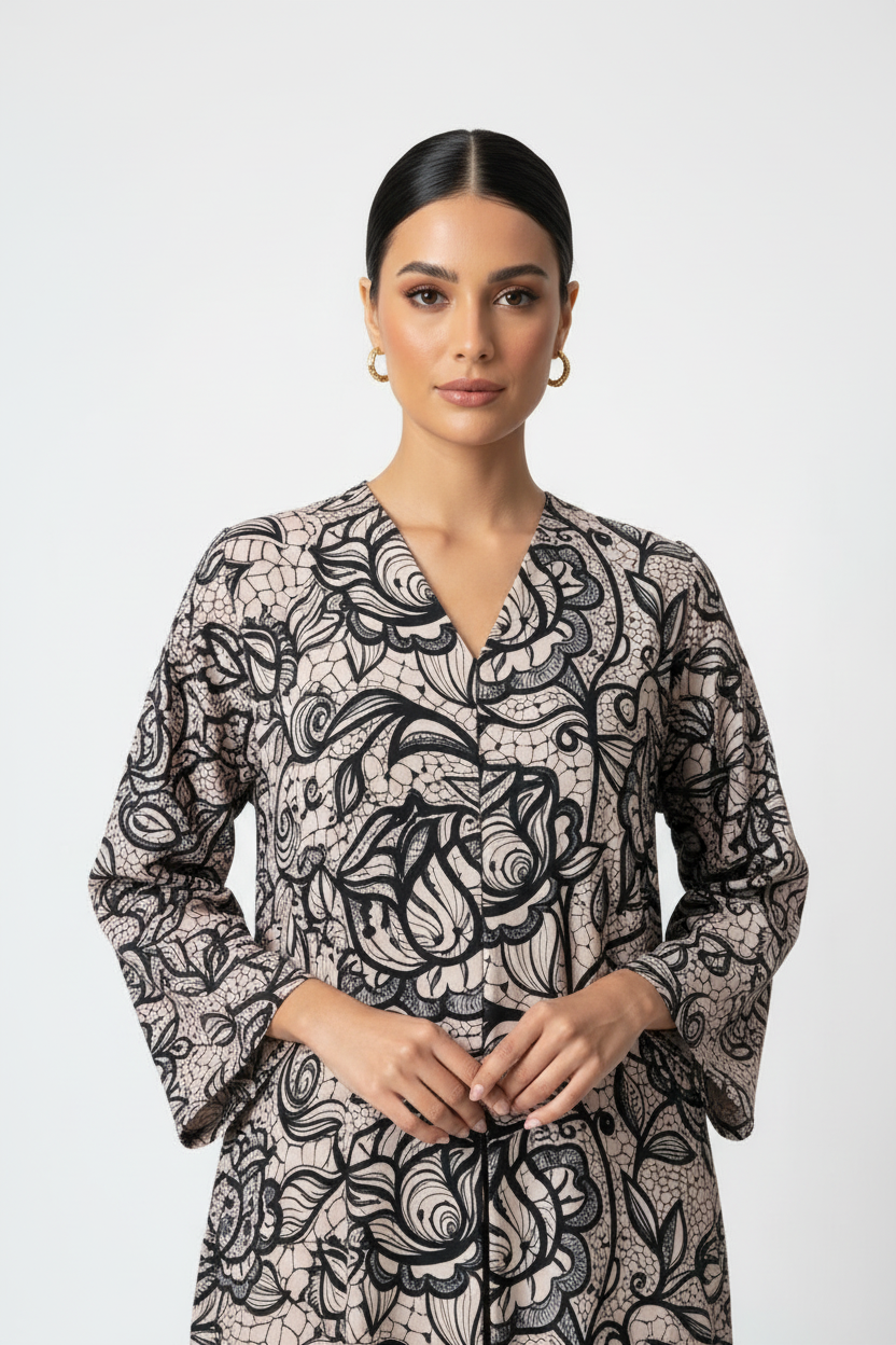 C 2011 Black Beige Printed Abaya