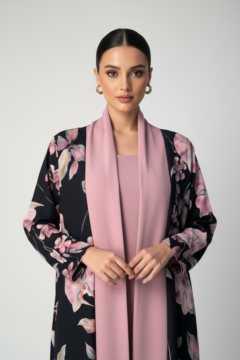 C 2032 Light Pink Floral Reversible Abaya