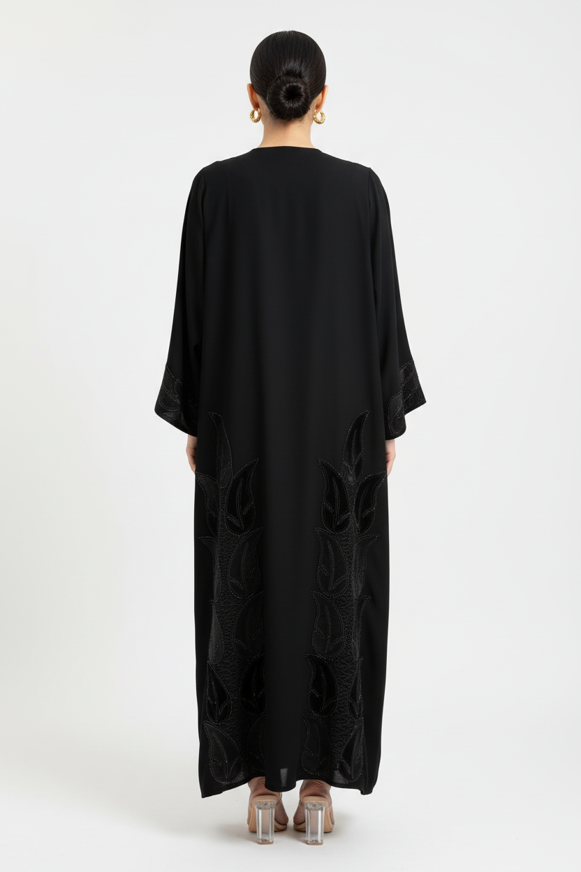 C 2040 Black Leafy Crystal Abaya