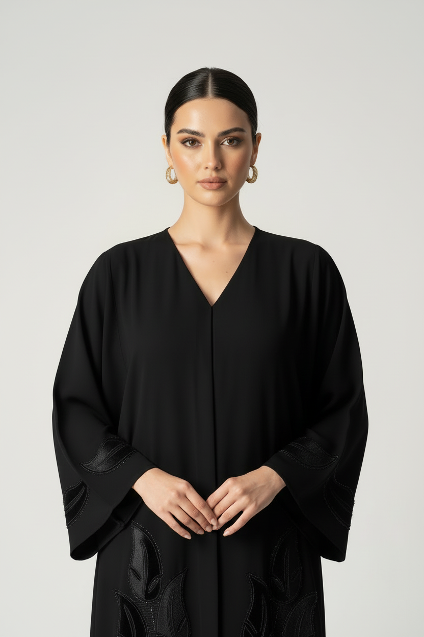 C 2040 Black Leafy Crystal Abaya