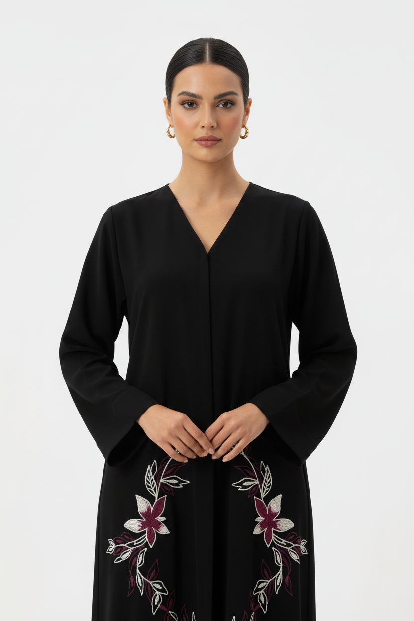 C 2042 Black Floral Embroidered Abaya