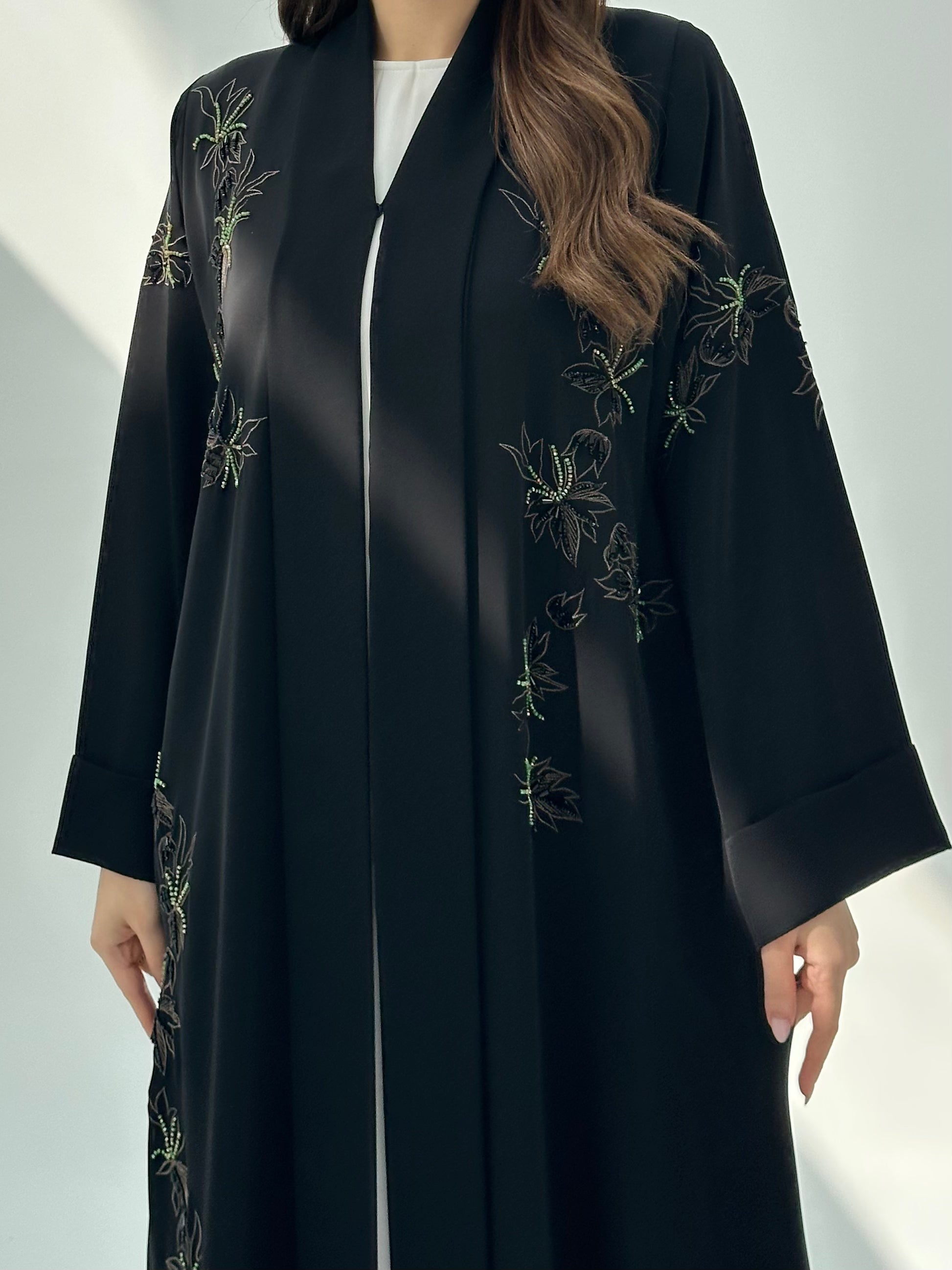 C 2049 Black Floral Beaded Abaya