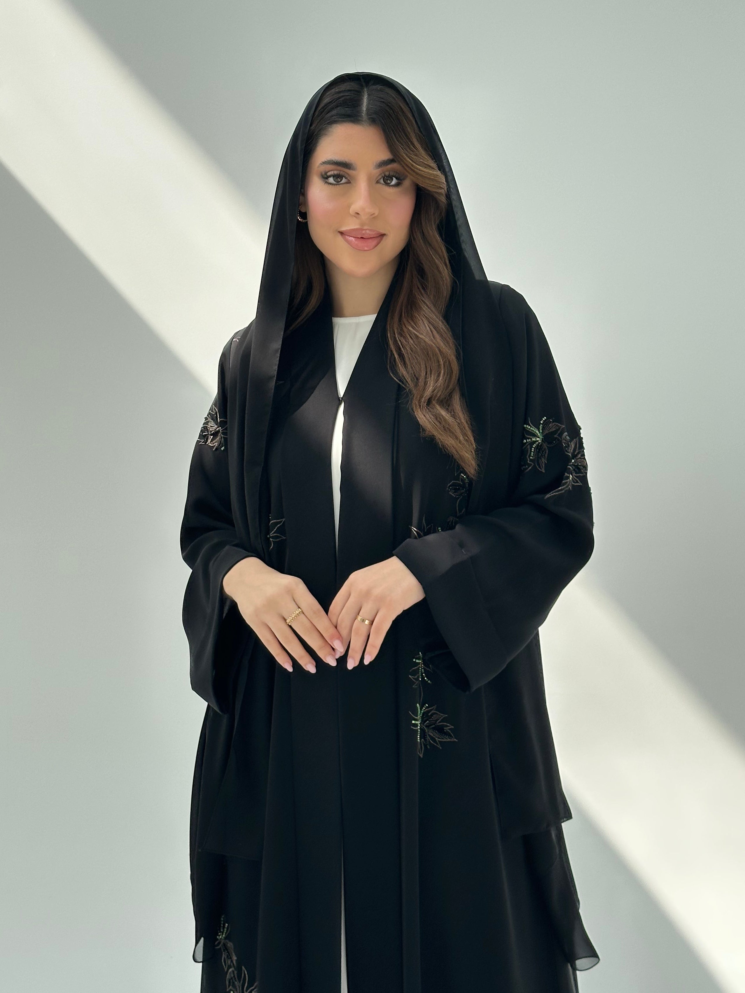 C 2049 Black Floral Beaded Abaya