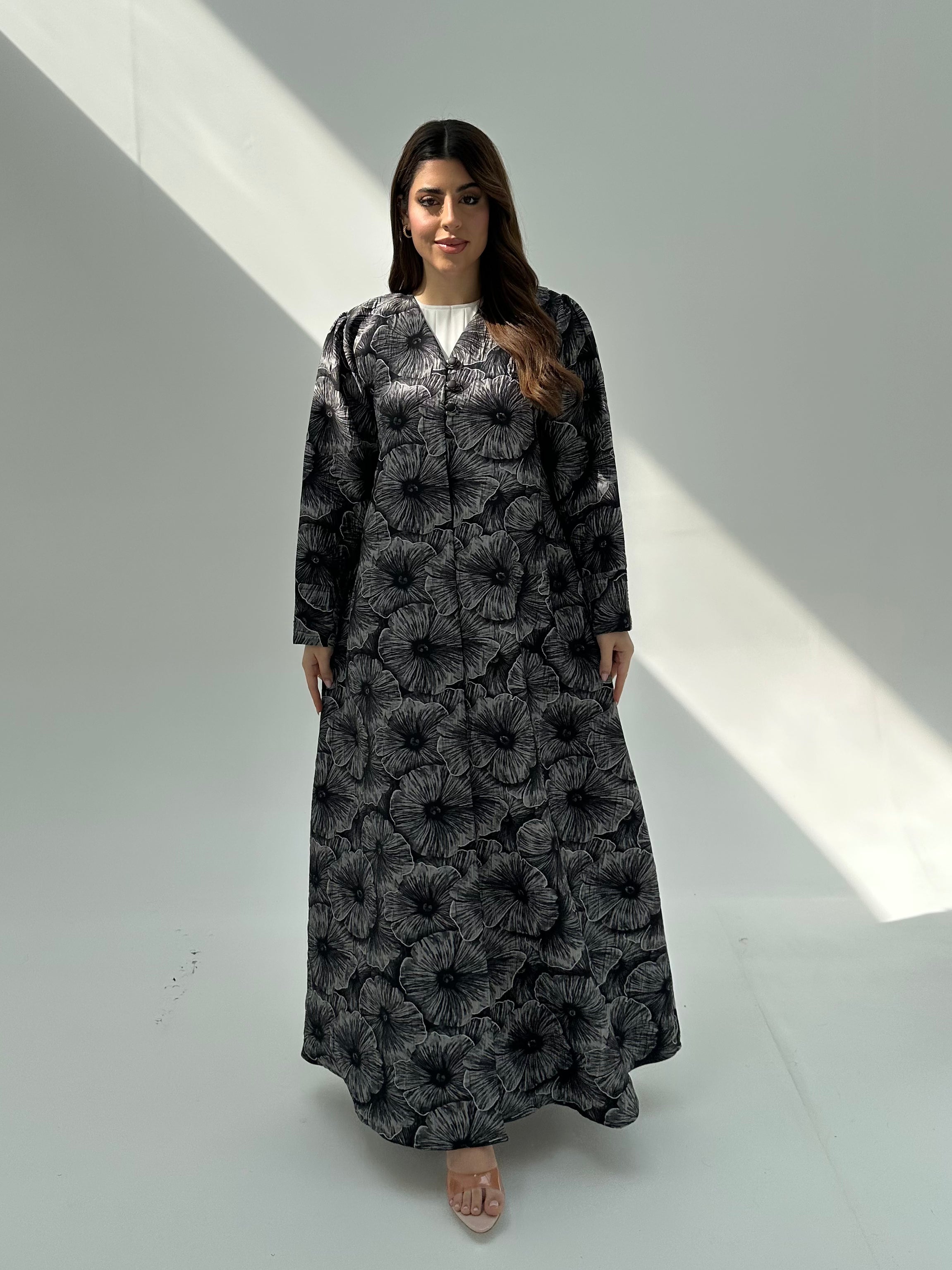 C 2055 Dark Grey Floral Abaya