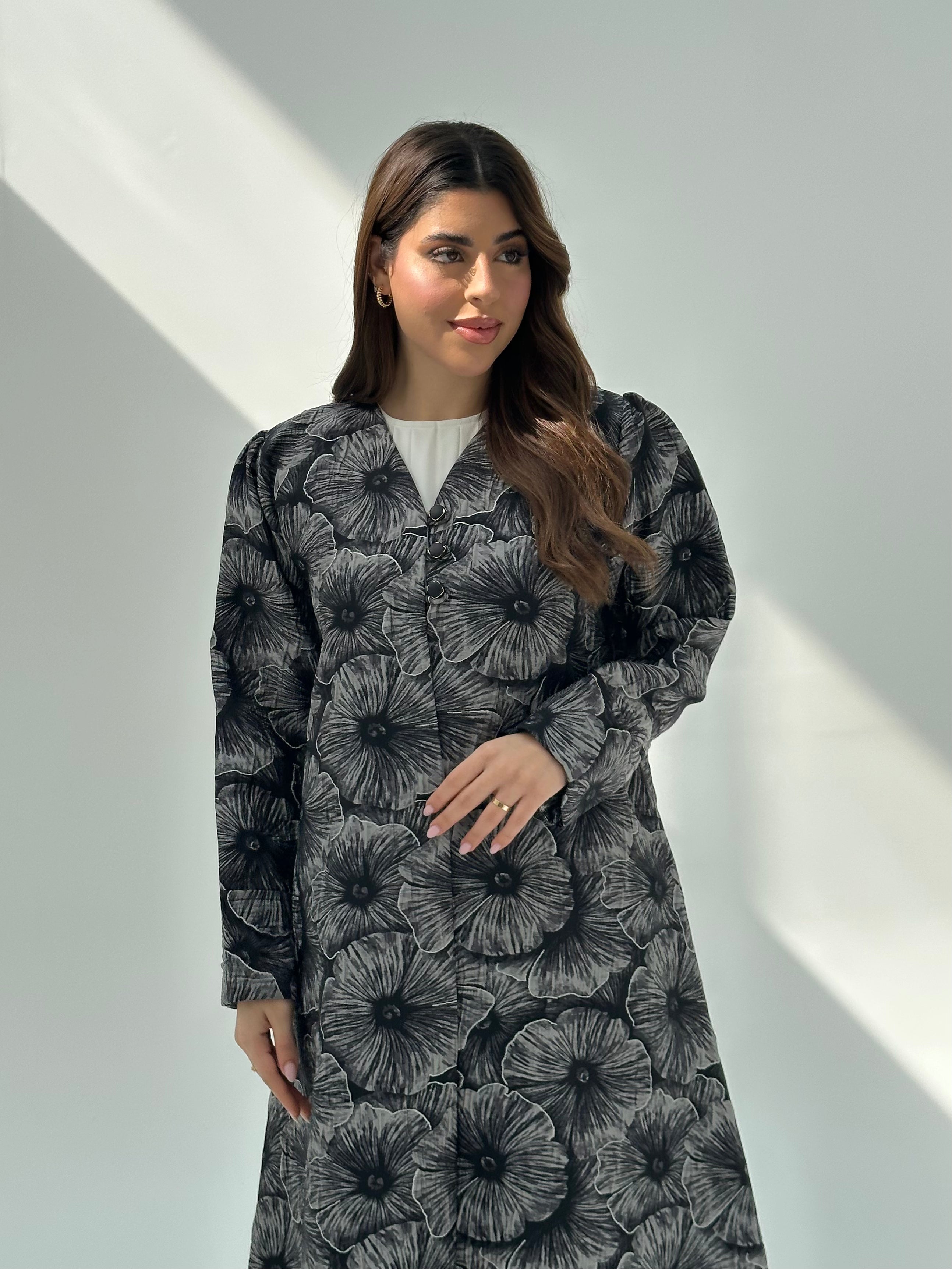 C 2055 Dark Grey Floral Abaya