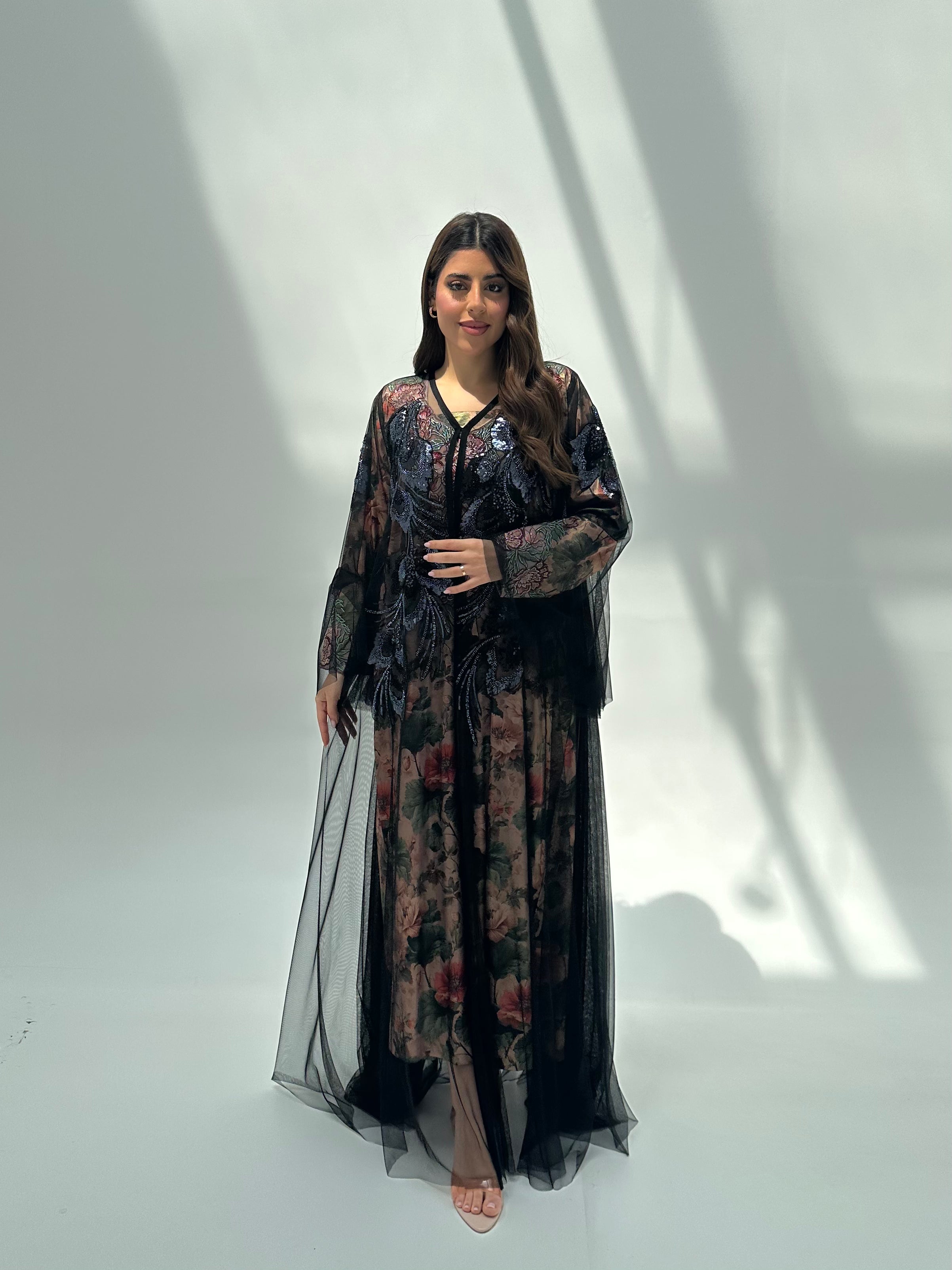 C 2059 Black Beaded Lace Abaya