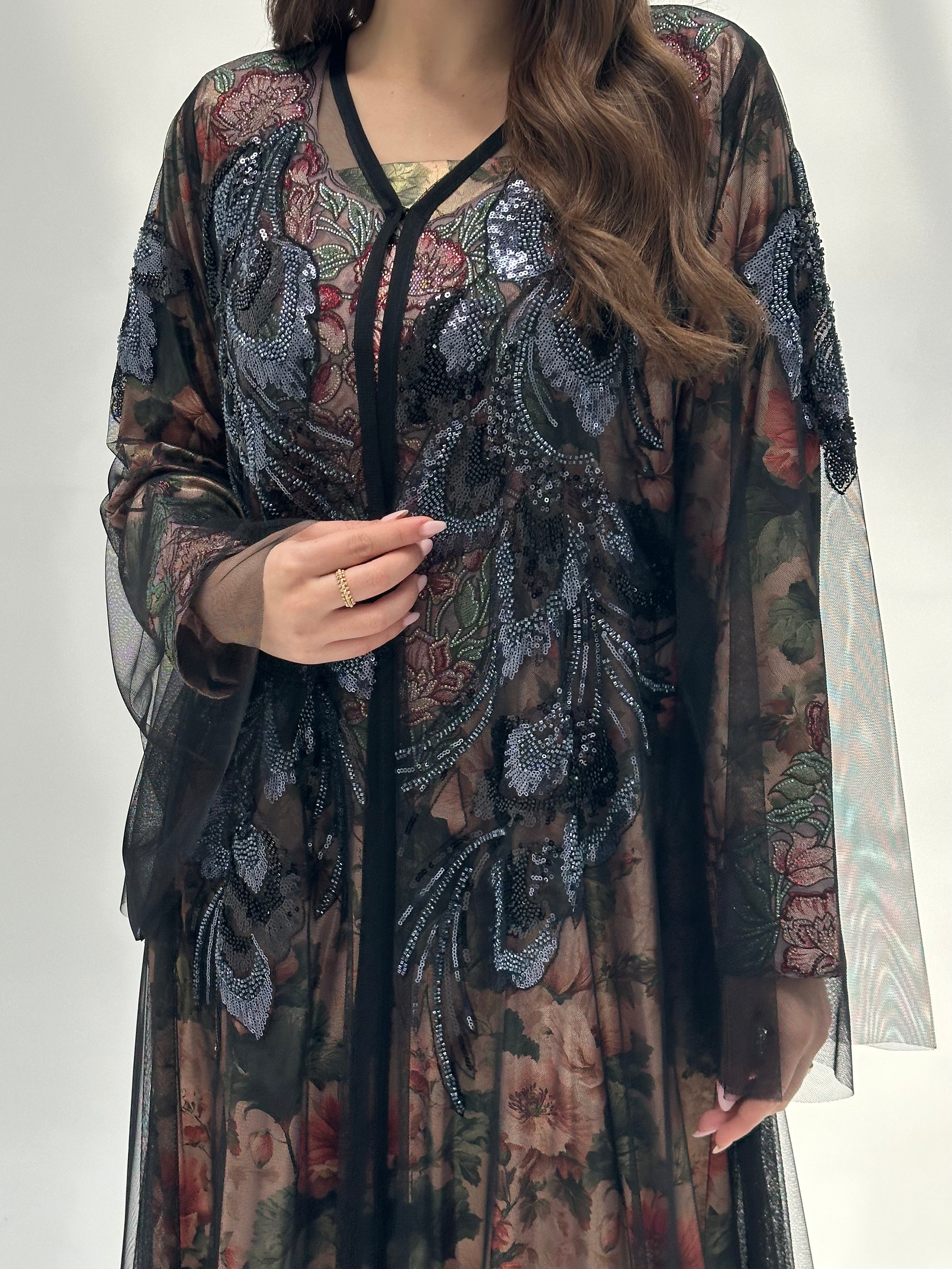 C 2059 Black Beaded Lace Abaya