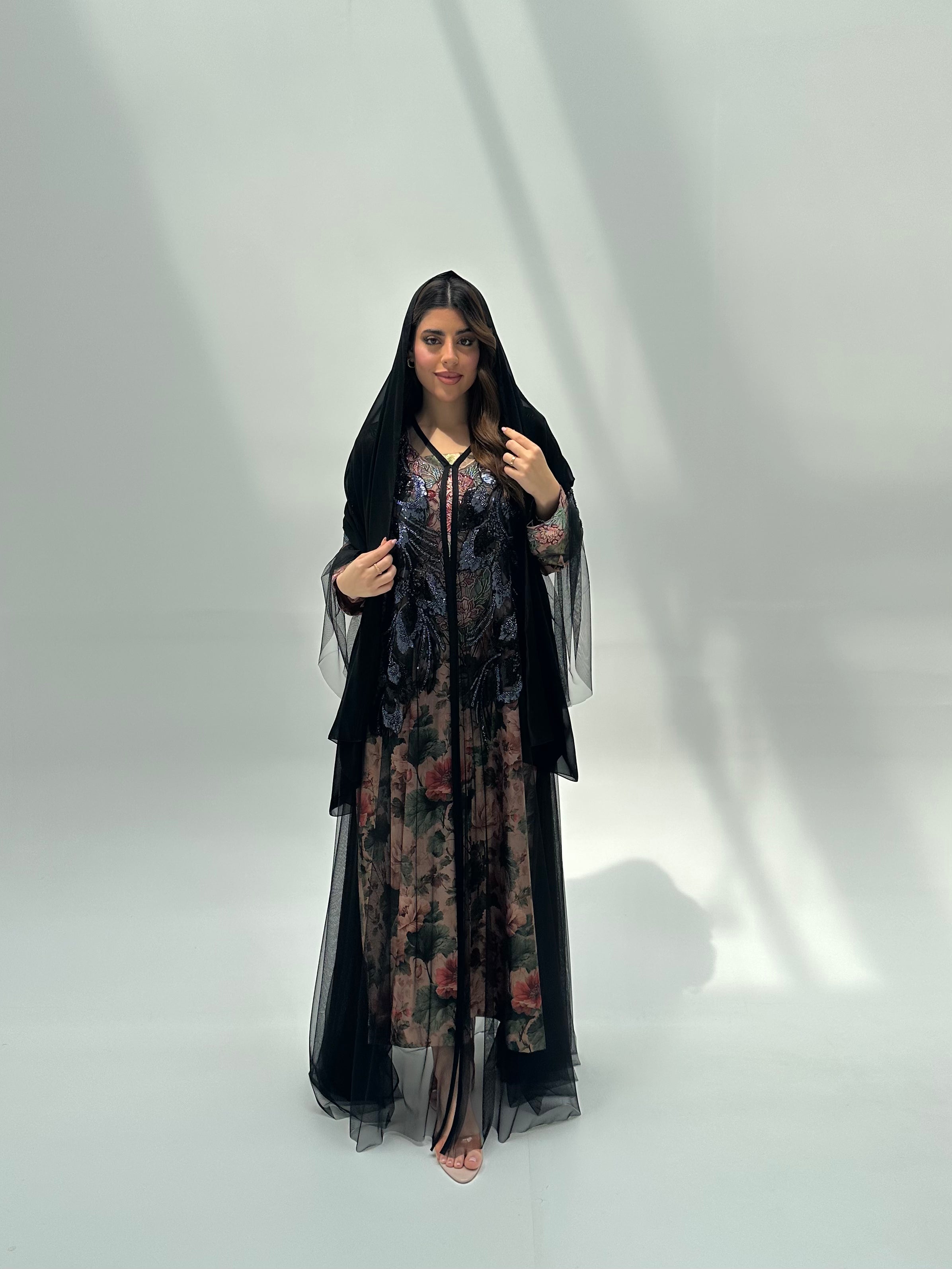 C 2059 Black Beaded Lace Abaya