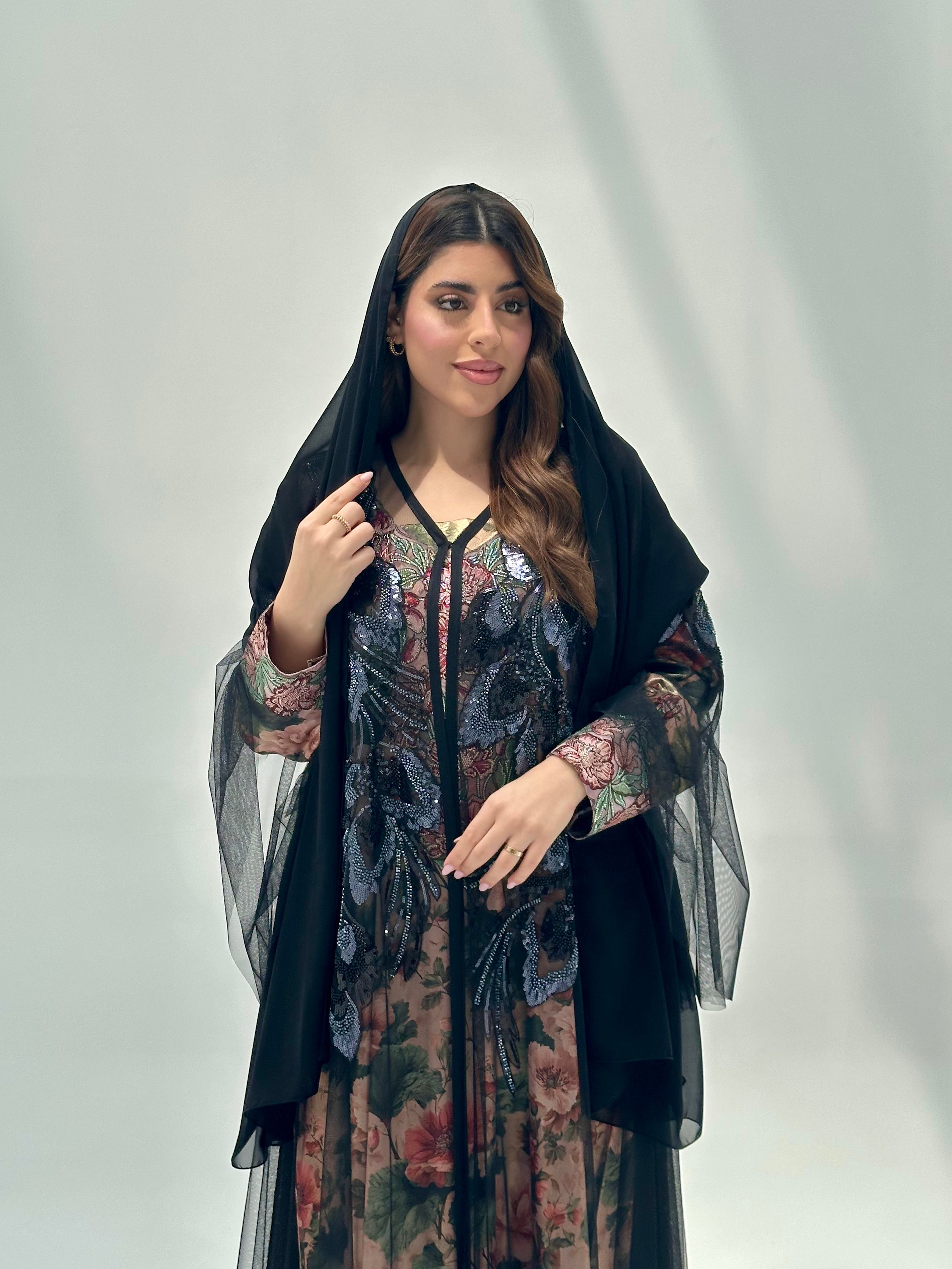 C 2059 Black Beaded Lace Abaya