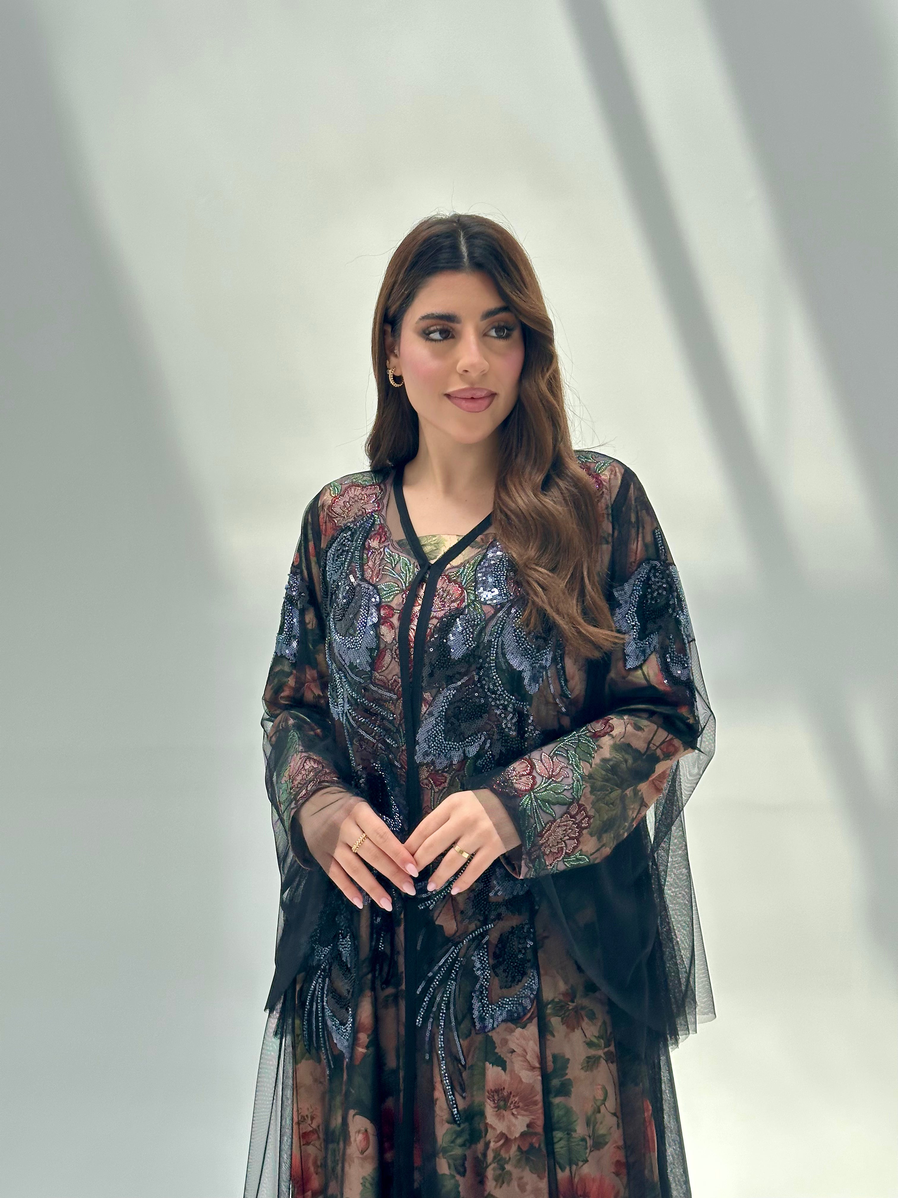 C 2059 Black Beaded Lace Abaya