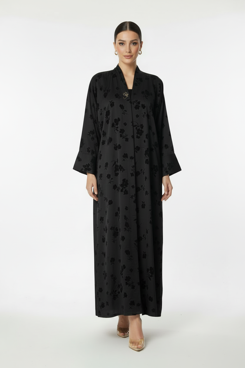 C 2081 Black Floral Printed Abaya
