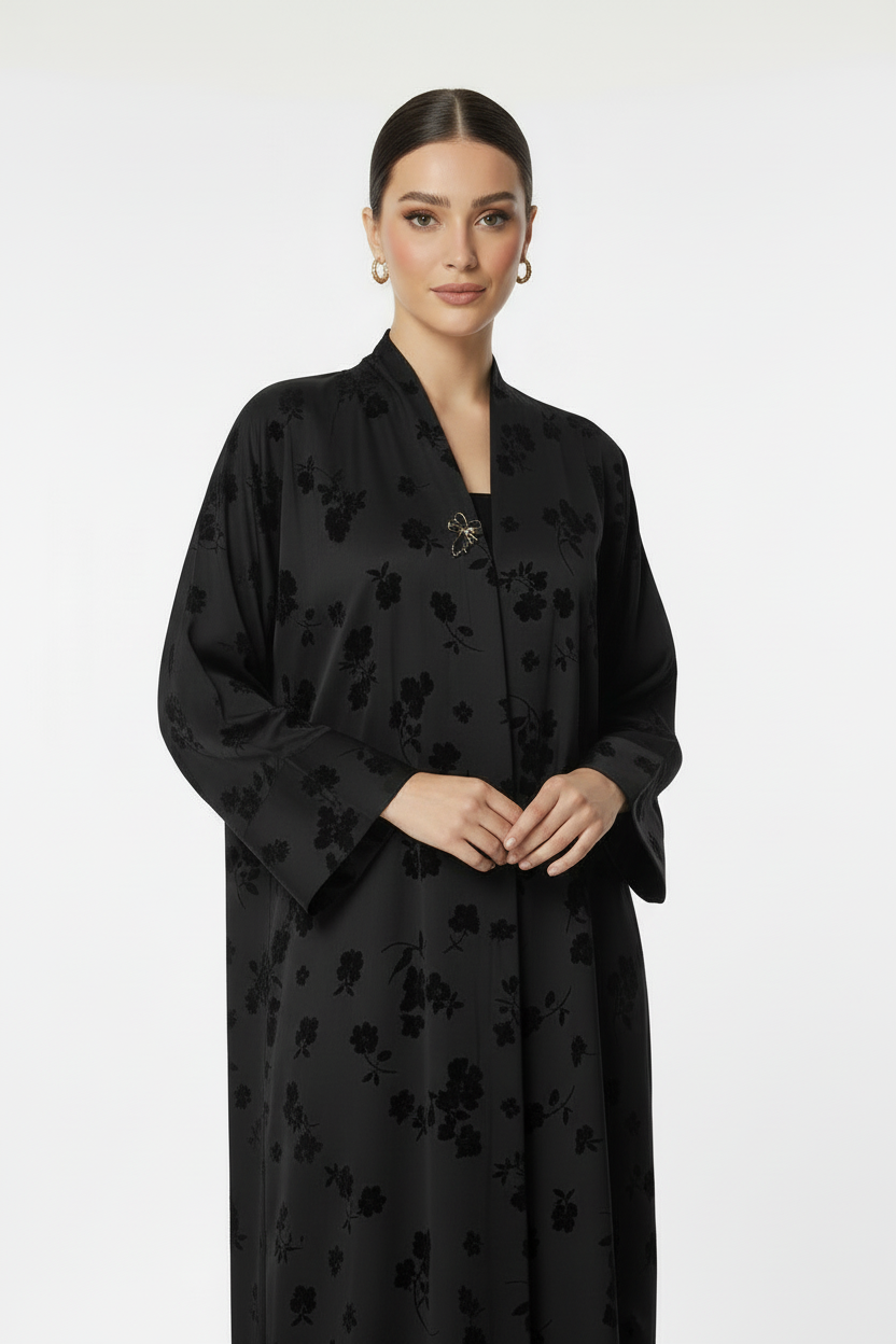 C 2081 Black Floral Printed Abaya