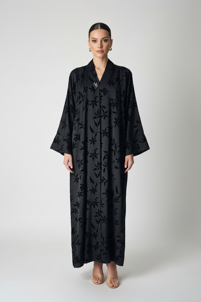 C 2082 Black Floral Printed Abaya