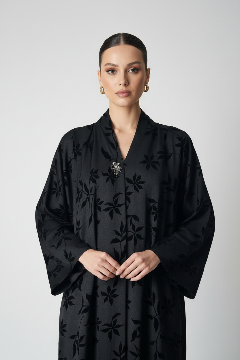 C 2082 Black Floral Printed Abaya