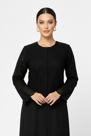 C 2085 Black Floral Dantel Abaya - Fuhaa