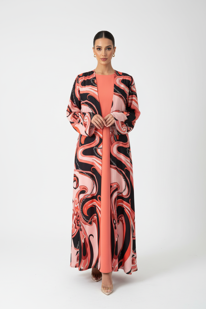 C 2093 Coral Pink Printed Abaya