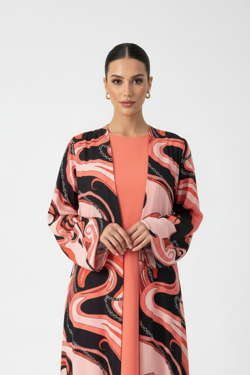 C 2093 Coral Pink Printed Abaya