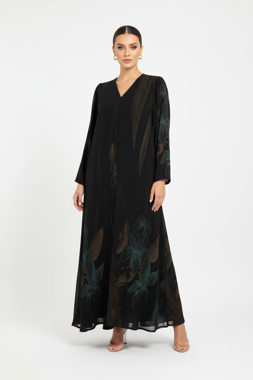 C 2119-03 Black Green Printed Abaya