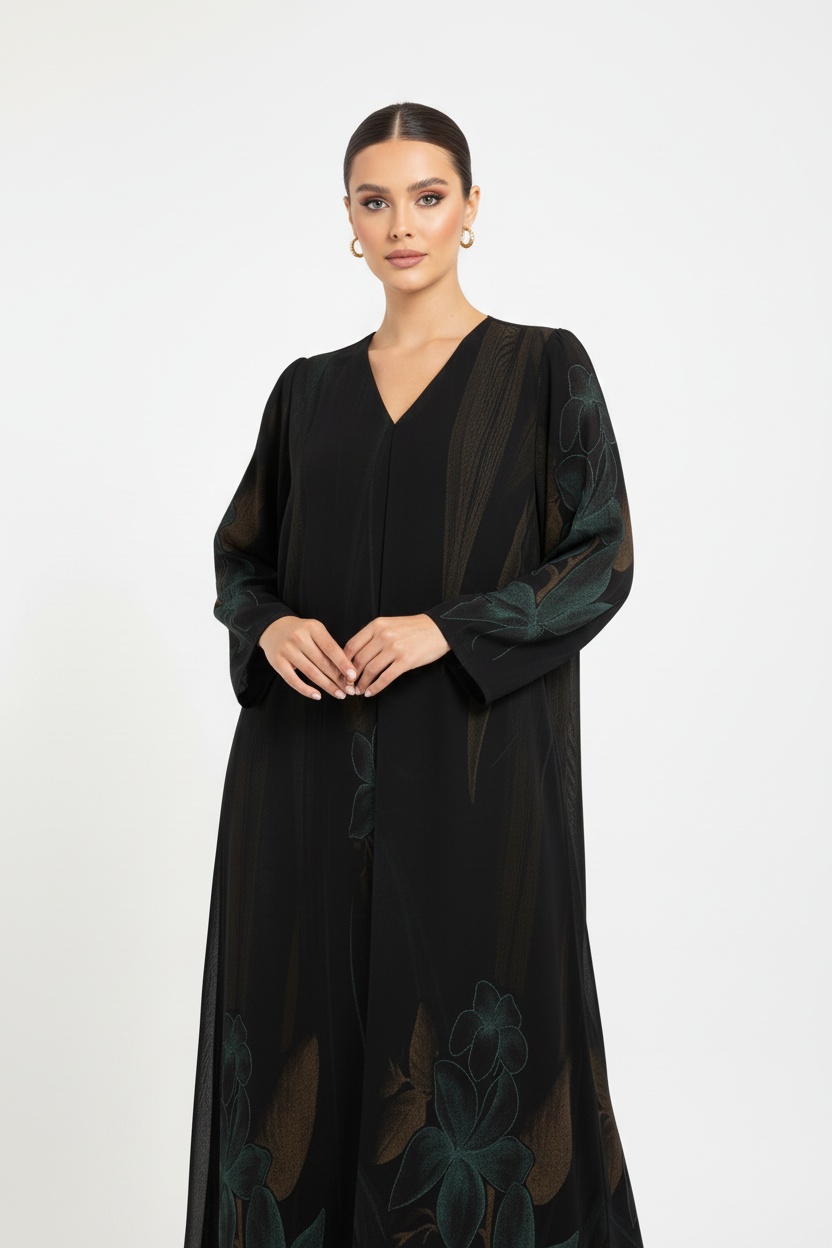 C 2119-03 Black Green Printed Abaya