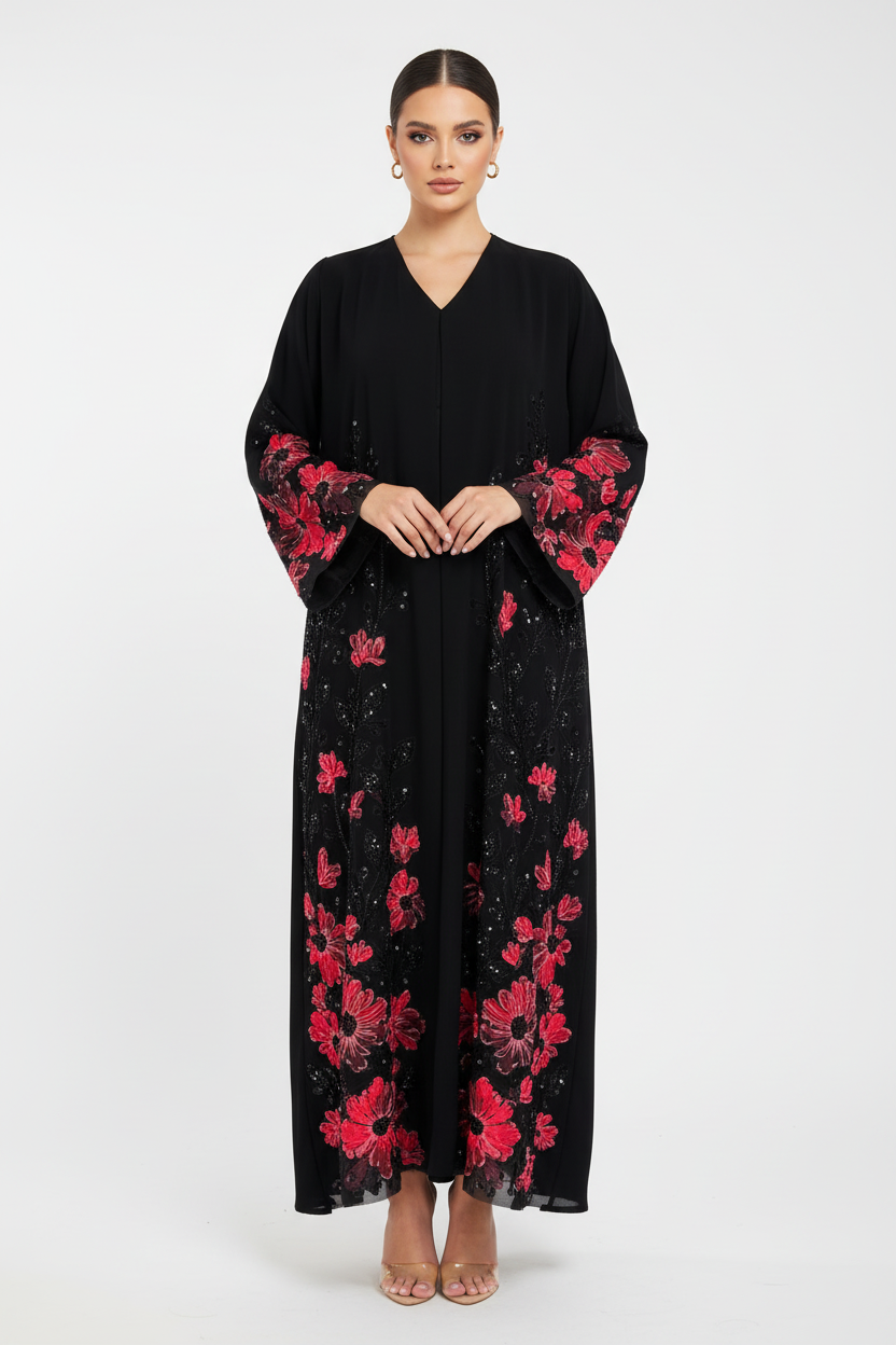 C 2120-01 Dark Pink Beaded Dantel Abaya