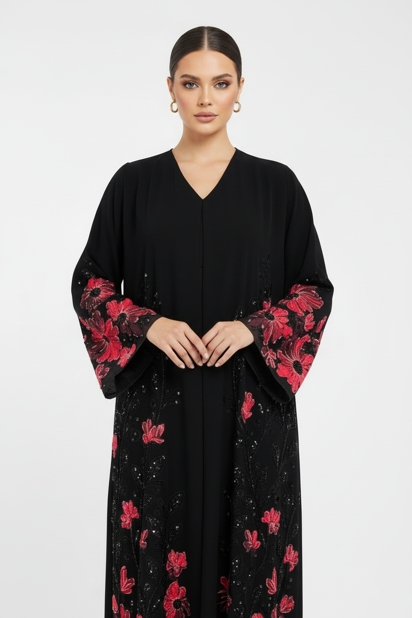 C 2120-01 Dark Pink Beaded Dantel Abaya