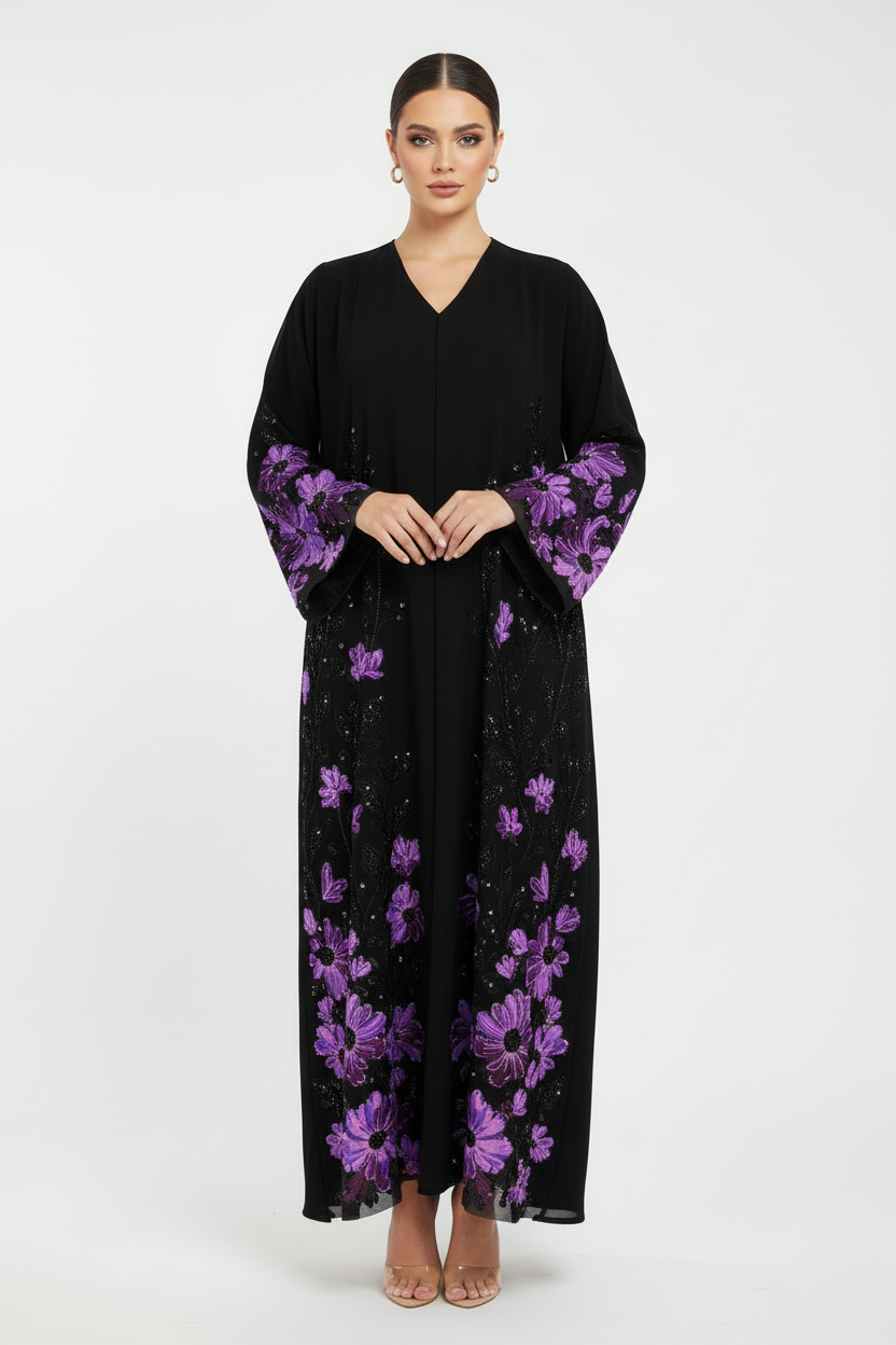 C 2120-02 Violet Beaded Dantel Abaya