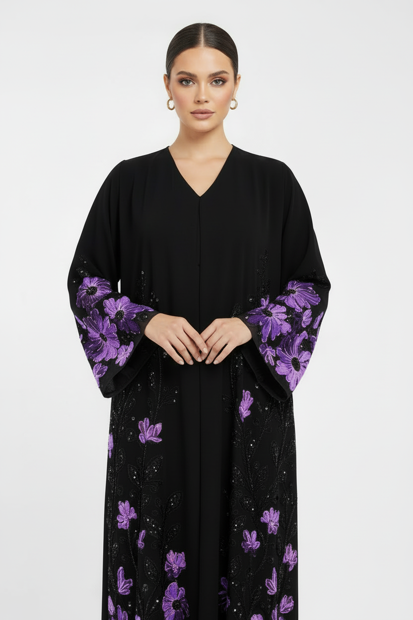 C 2120-02 Violet Beaded Dantel Abaya