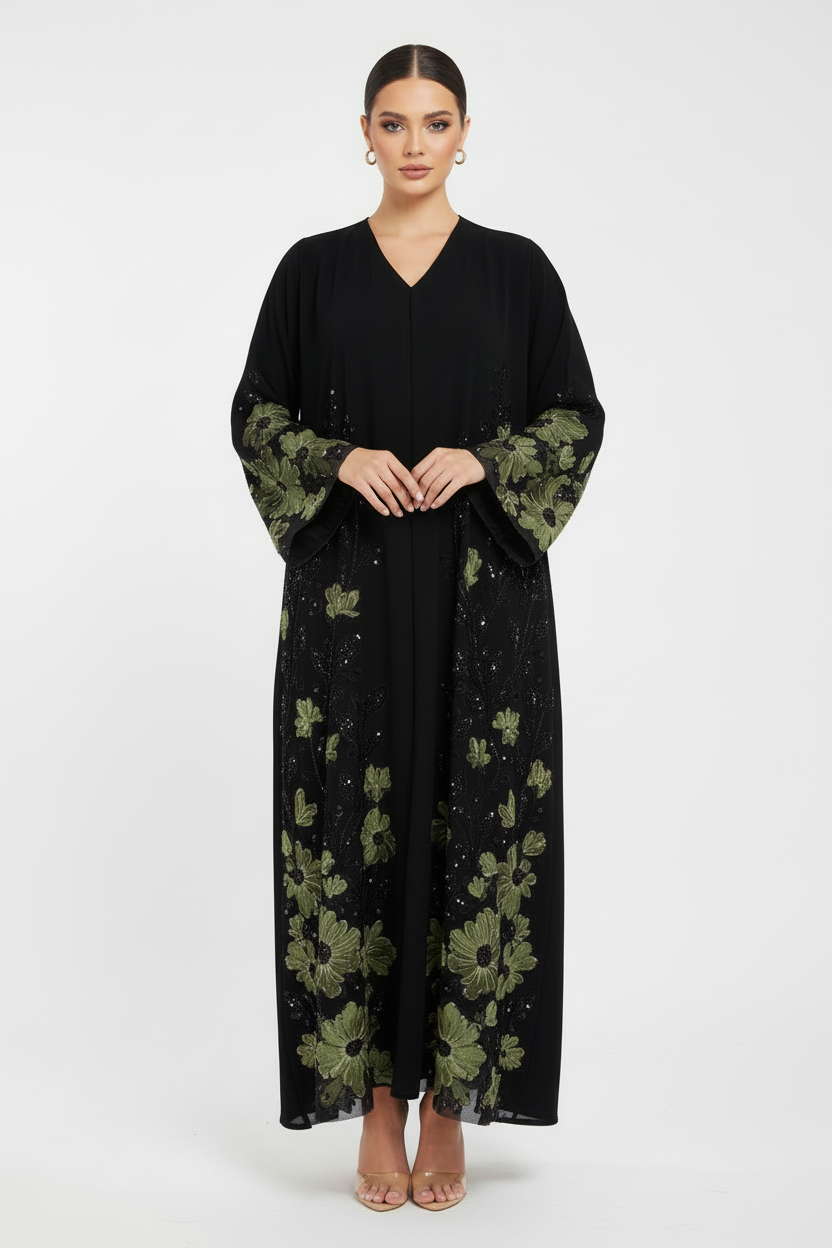 C 2120-03 Olive Beaded Dantel Abaya