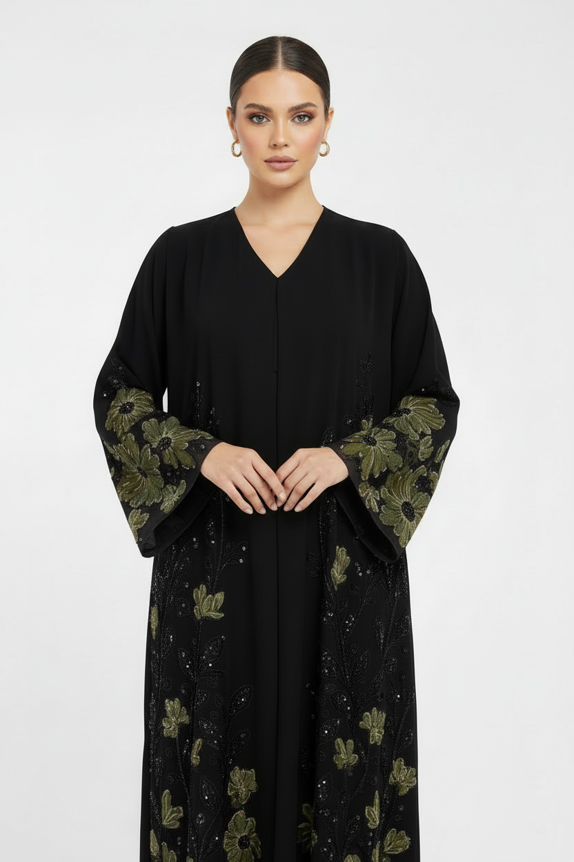 C 2120-03 Olive Beaded Dantel Abaya