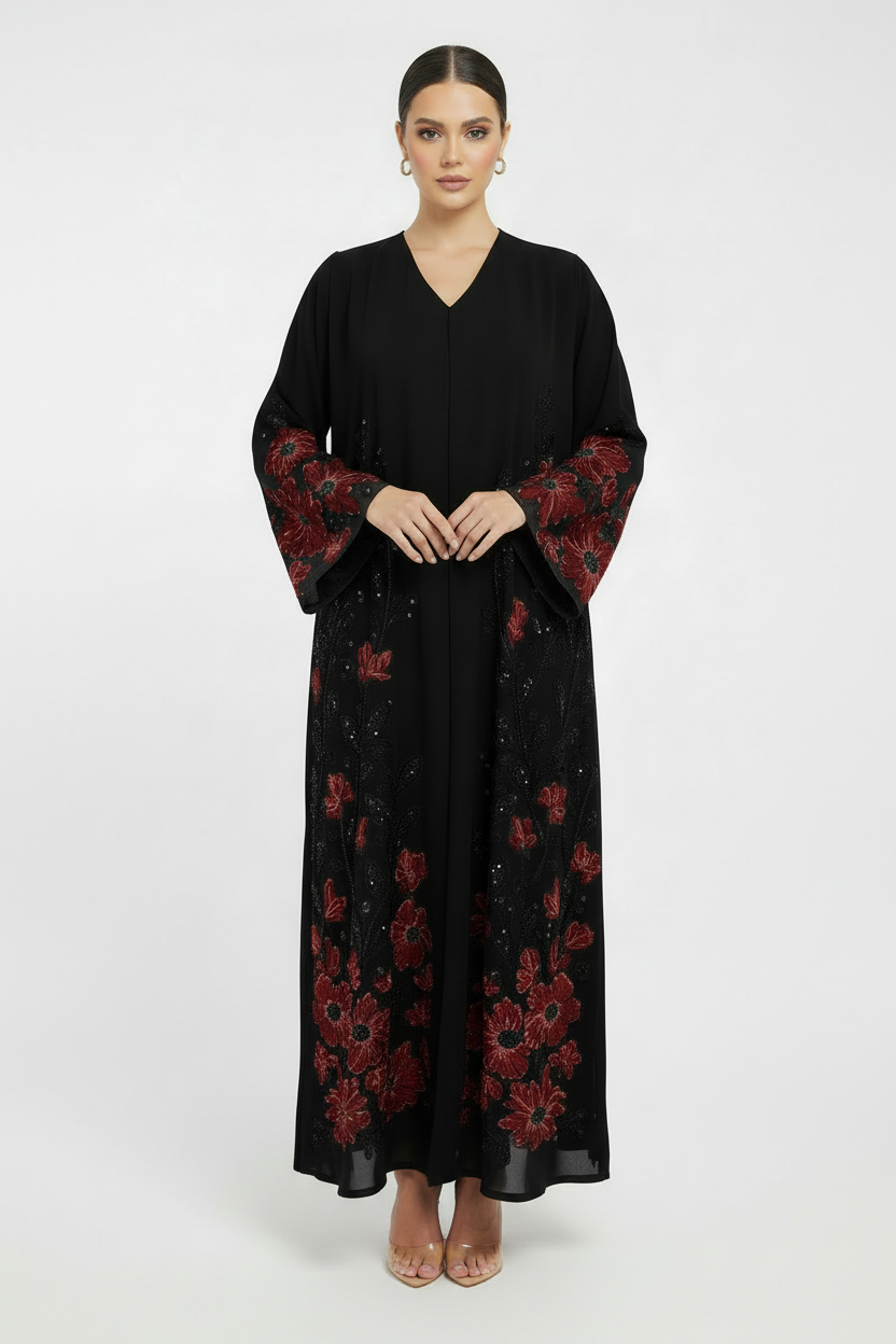 C 2120-05 Crimson Beaded Dantel Abaya