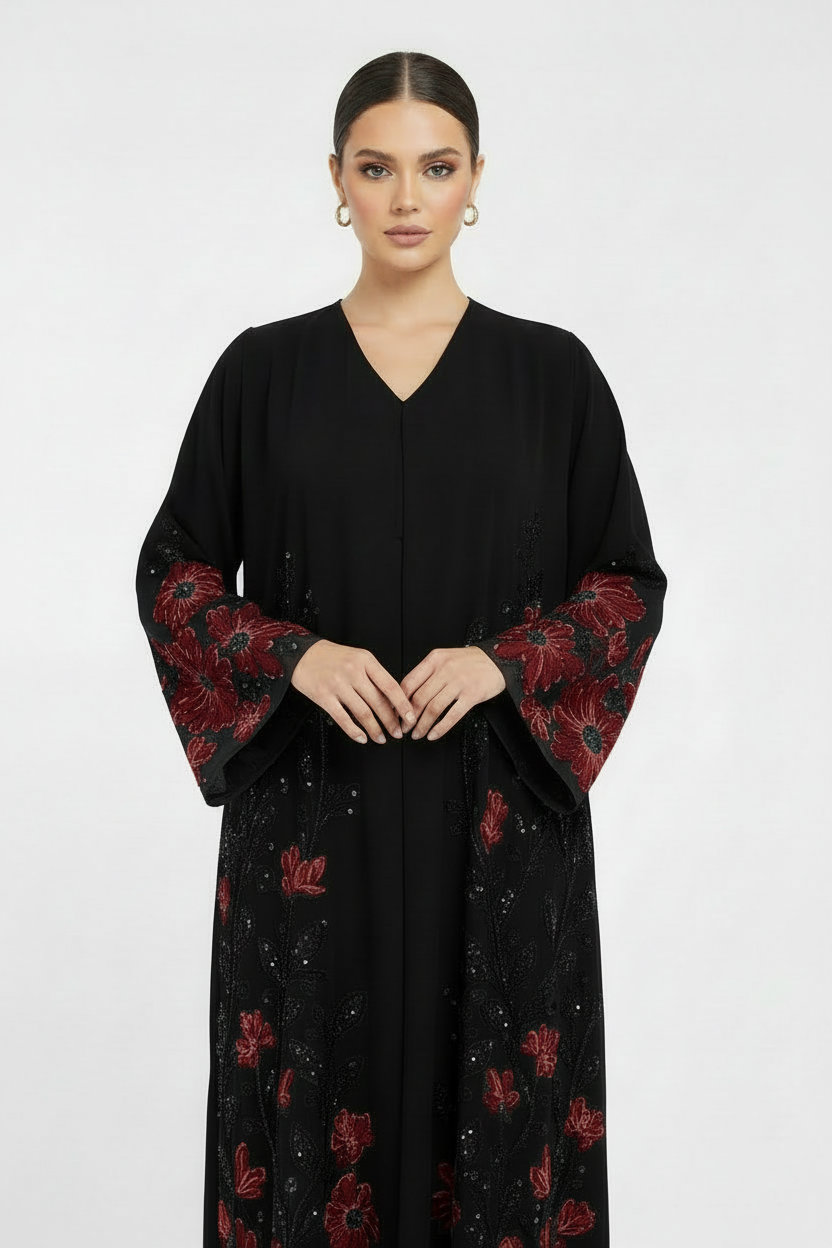 C 2120-05 Crimson Beaded Dantel Abaya
