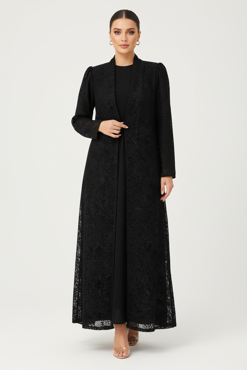 C 2121 Black Dantel Abaya