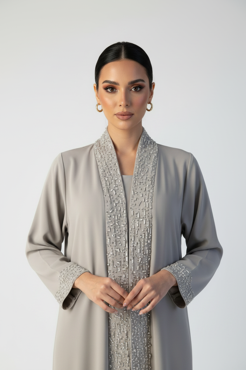 C 2126 Ivory Beaded Abaya