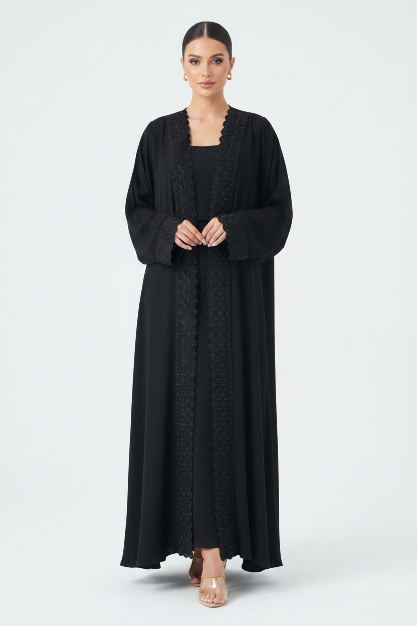 C 2131 Black Beaded Lace Abaya