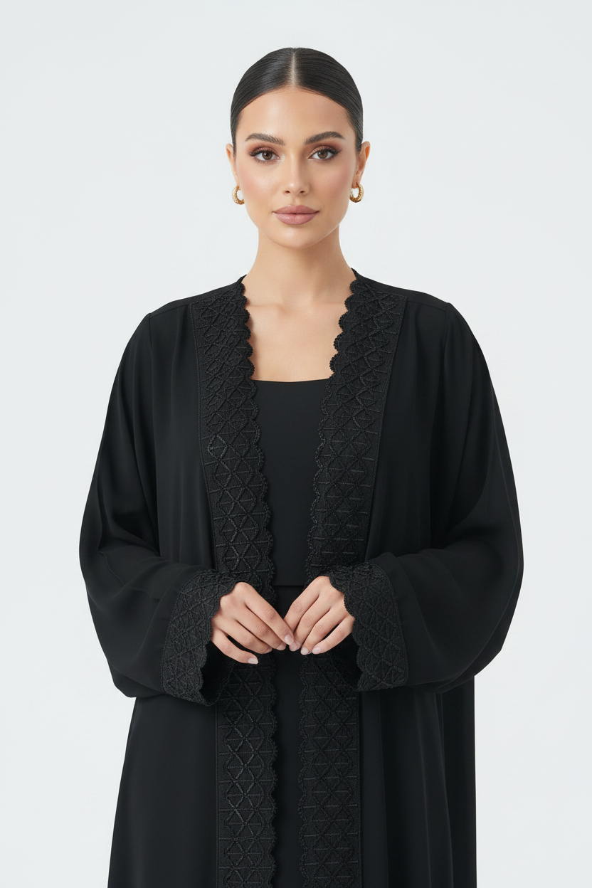 C 2131 Black Beaded Lace Abaya