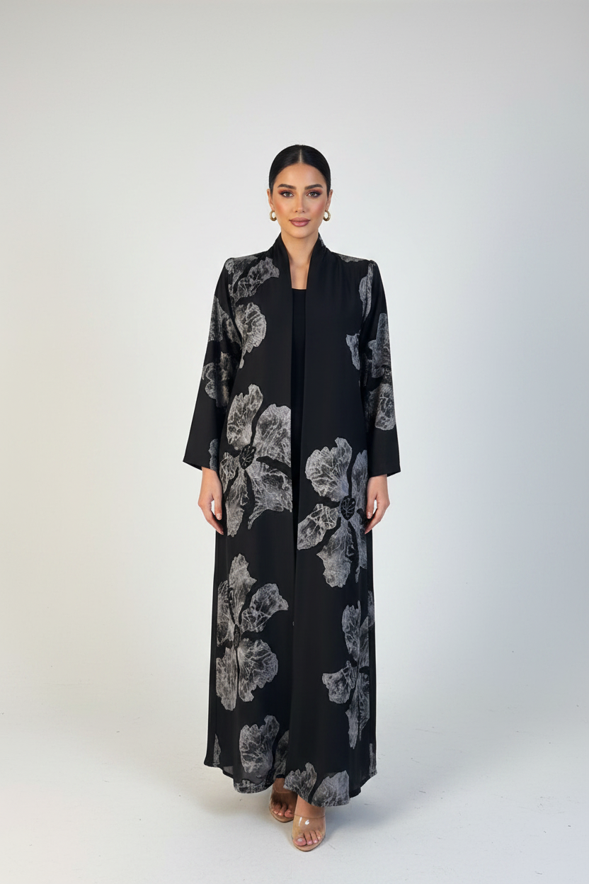C 2149-01 Black Floral Printed Abaya
