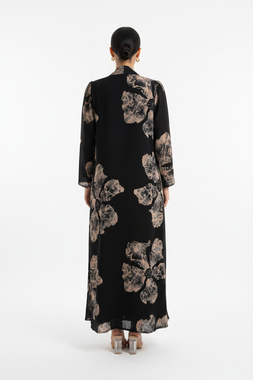 C 2149-02 Black Floral Printed Abaya