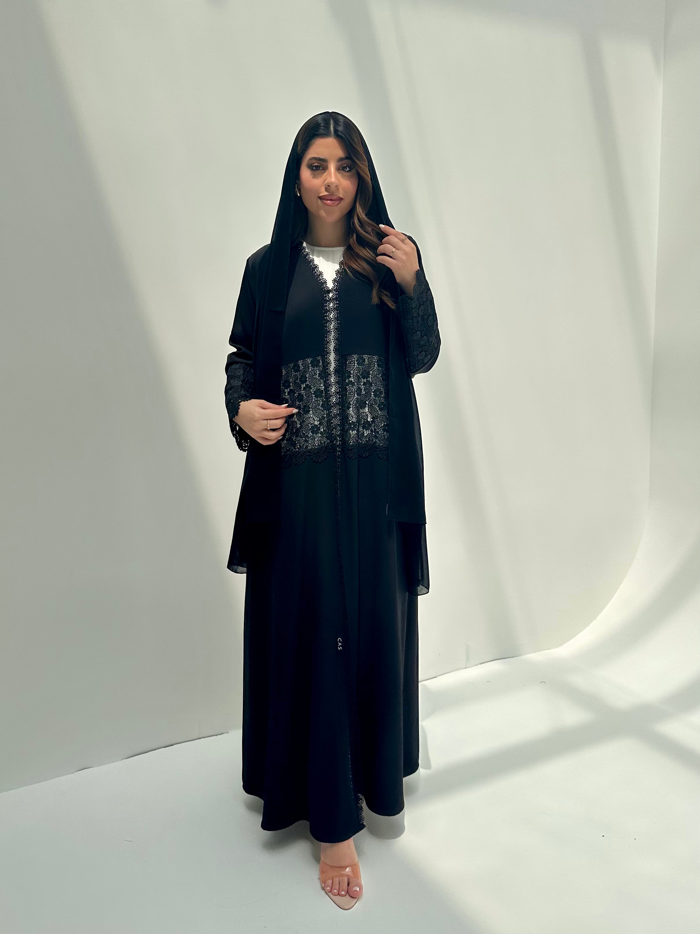 C 2153 Black Floral Lace Abaya