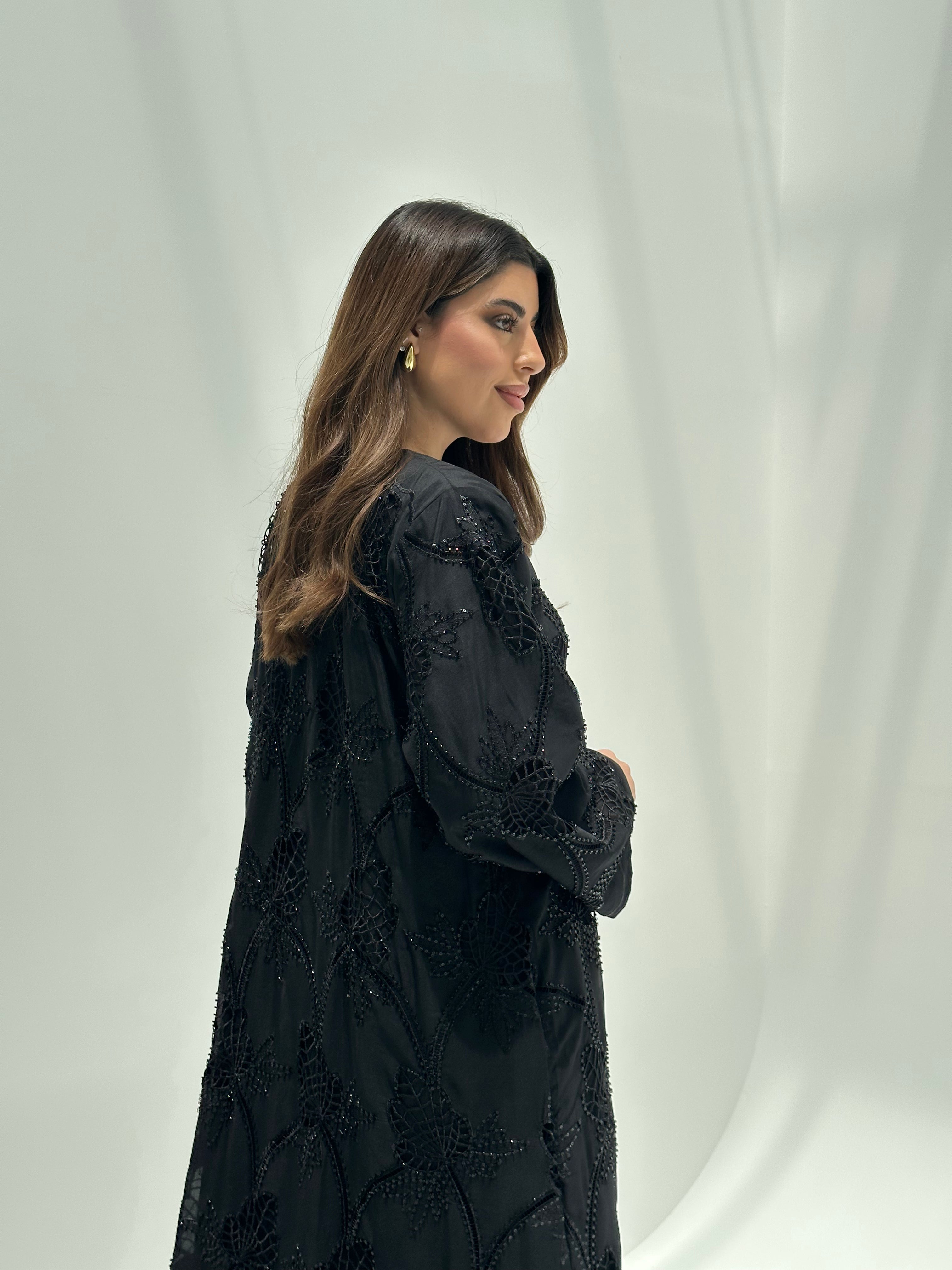 C 2165 Black Beaded Dantel Abaya