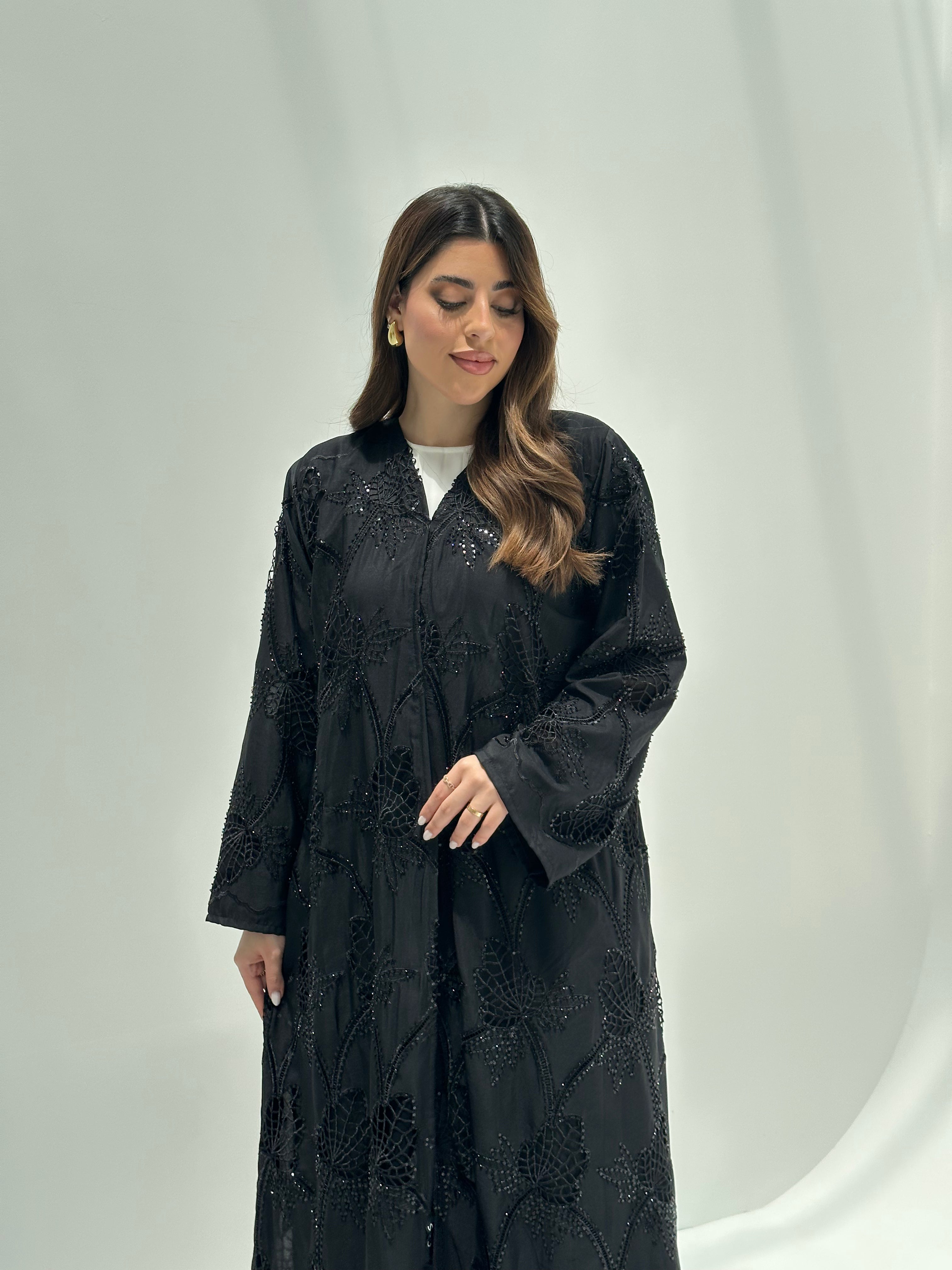 C 2165 Black Beaded Dantel Abaya