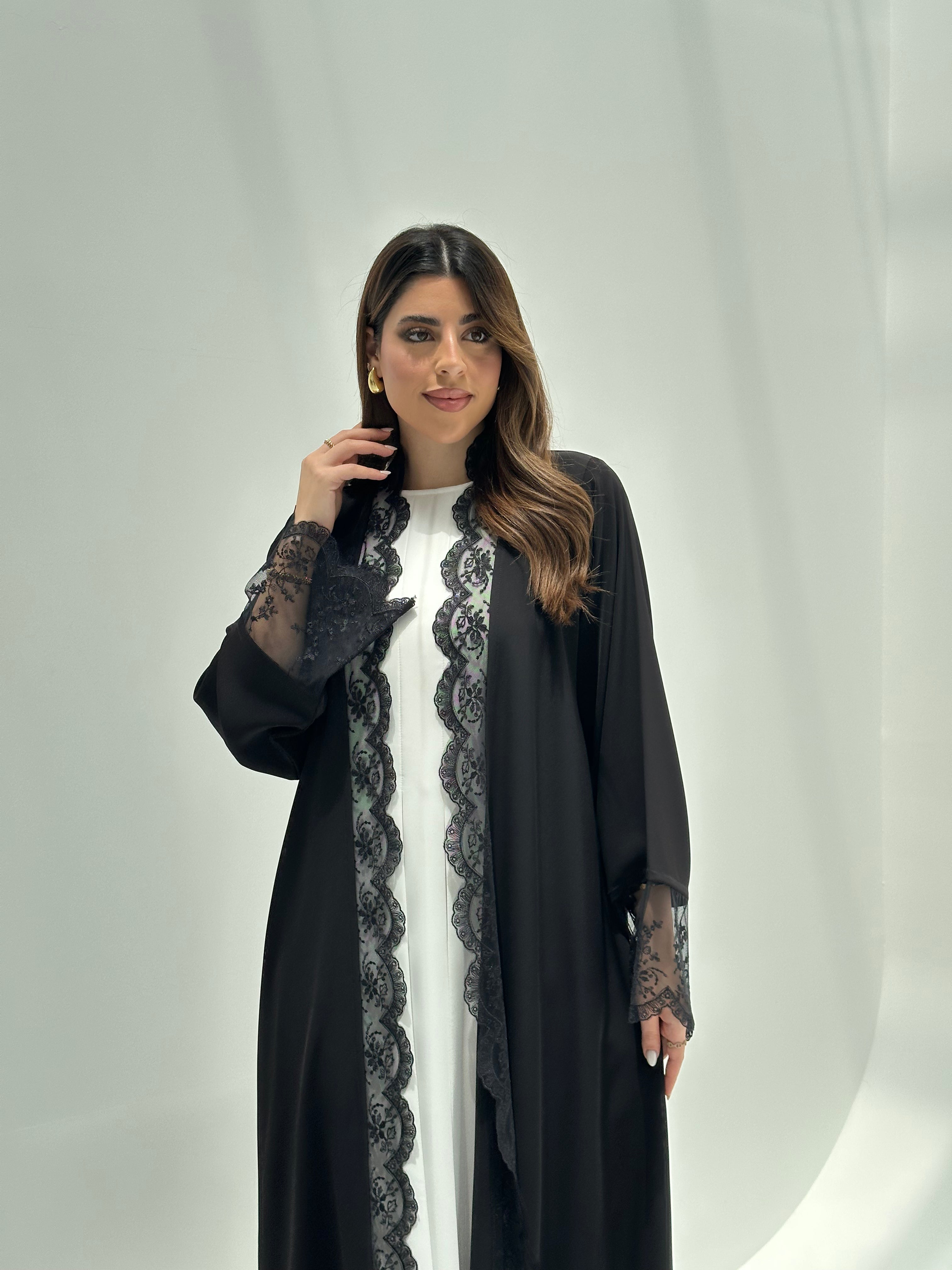 C 2170 Black Floral Lace Abaya